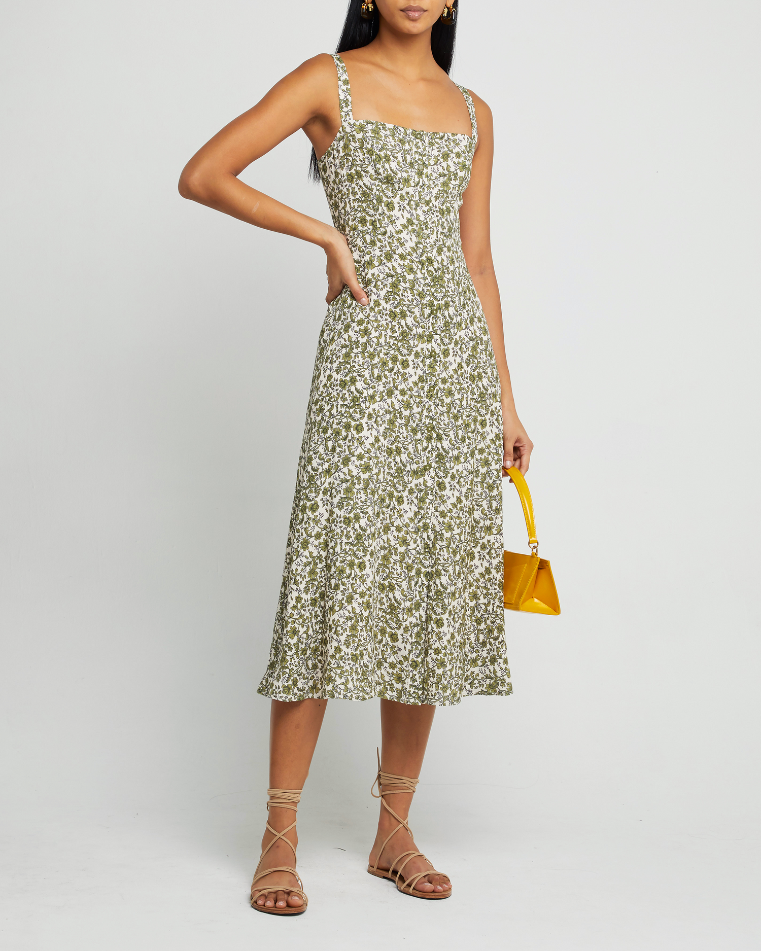 Fifth image of Juliette Dress, a green midi dress, floral, tank, slip, spaghetti strap
