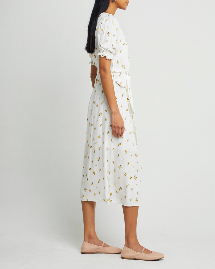 Fifth image of Juni Dress, a white maxi dress, short sleeve, waist tie, white print