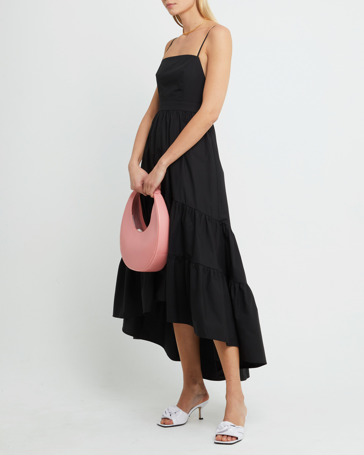 Fourth image of Dionne Cotton Dress, a black maxi dress, spaghette straps, high-low, high low skirt