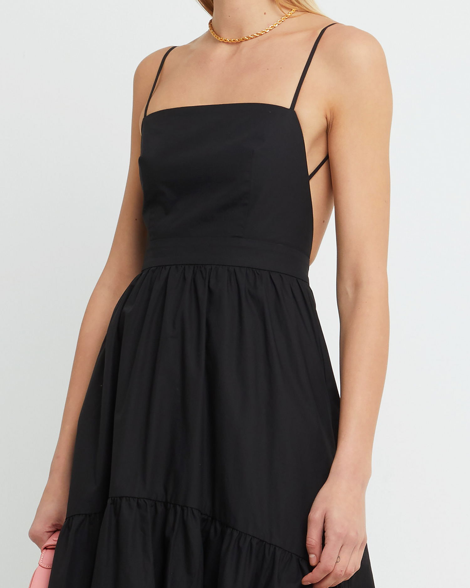 Sixth image of Dionne Cotton Dress, a black maxi dress, spaghette straps, high-low, high low skirt