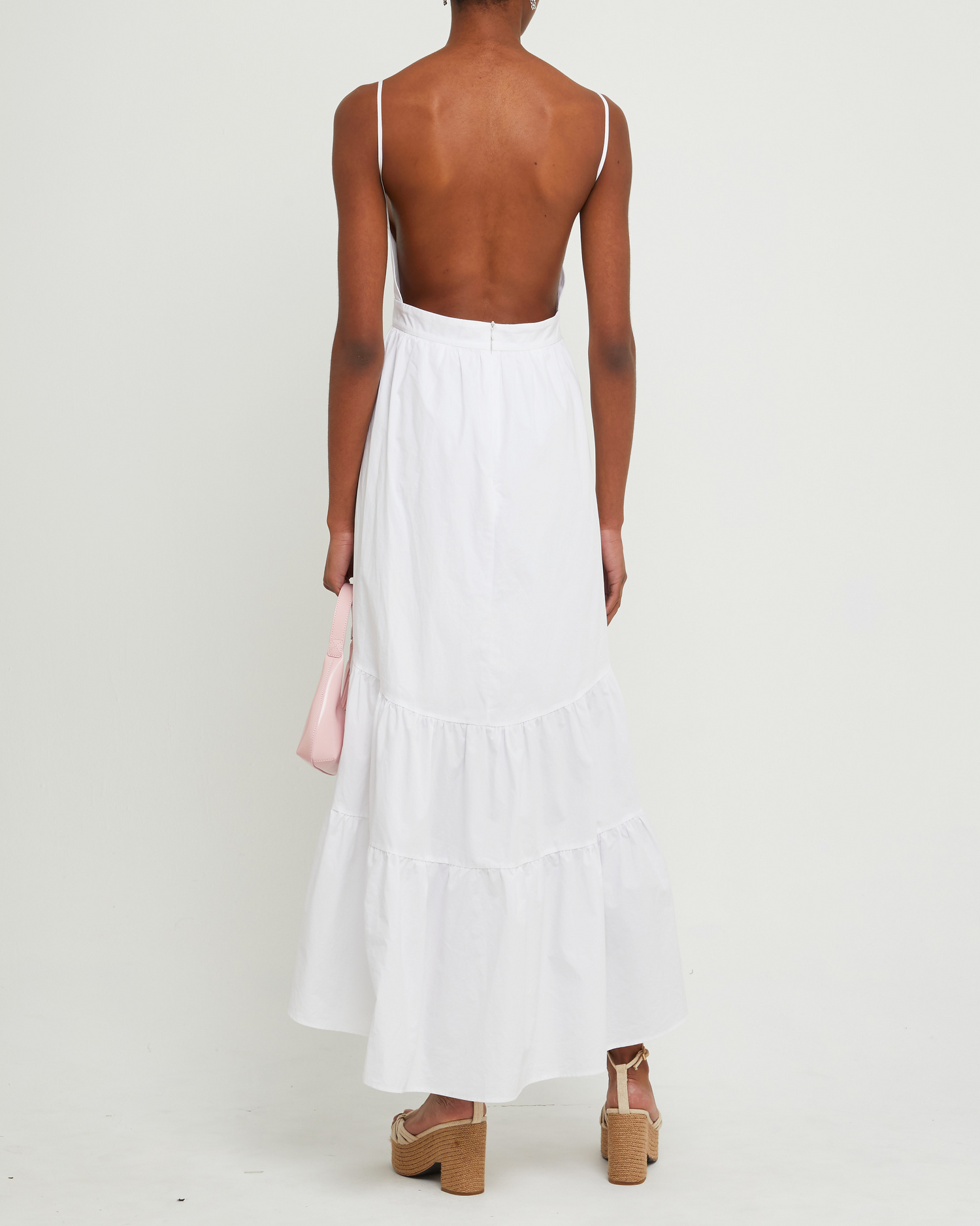 Second image of Dionne Cotton Dress, a white midi dress, spaghetti straps, high-low, high low skirt, maxi