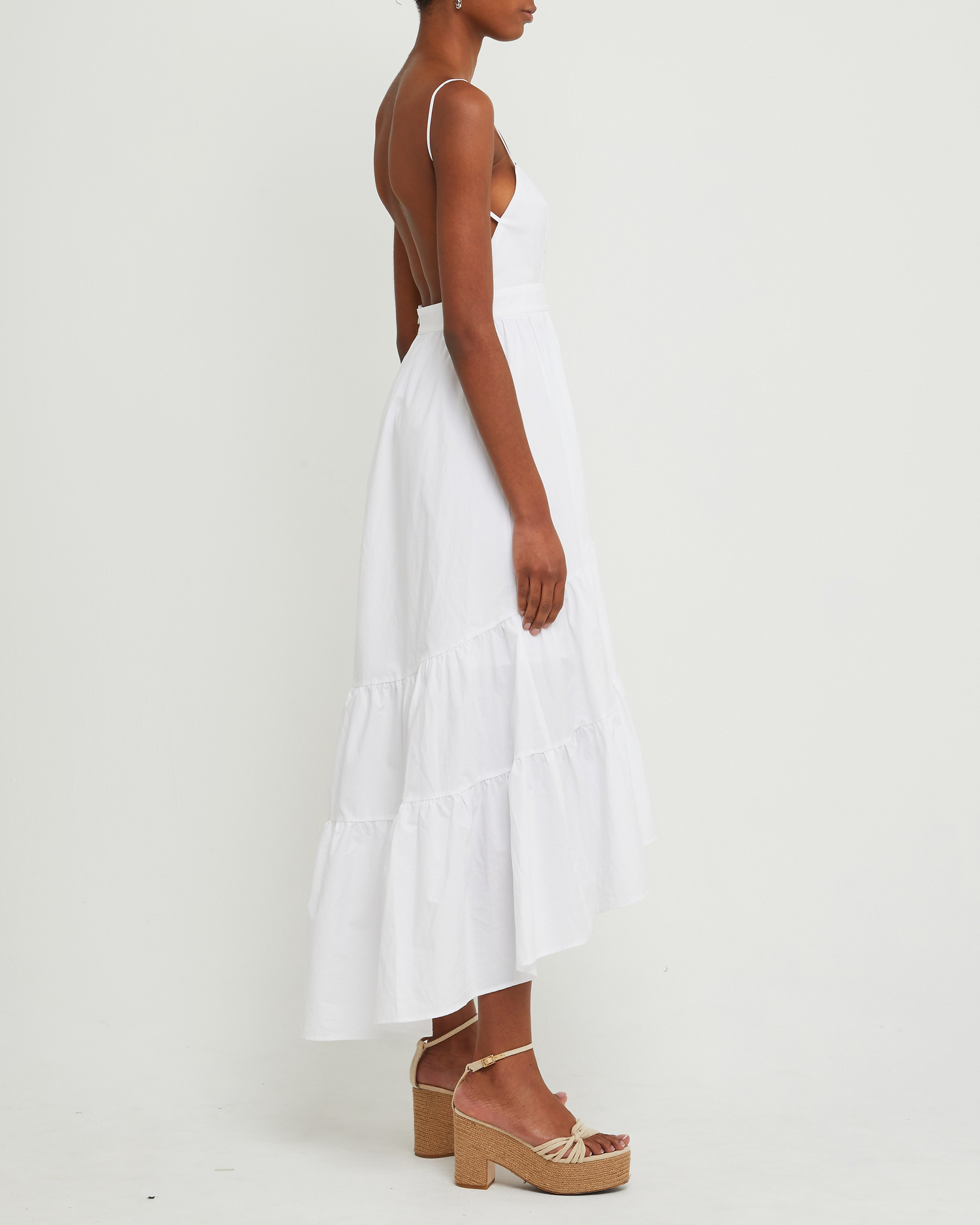 Third image of Dionne Cotton Dress, a white midi dress, spaghetti straps, high-low, high low skirt, maxi