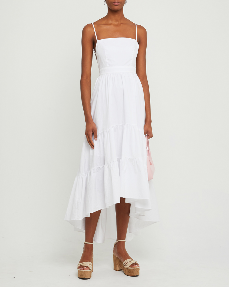 Fourth image of Dionne Cotton Dress, a white midi dress, spaghetti straps, high-low, high low skirt, maxi