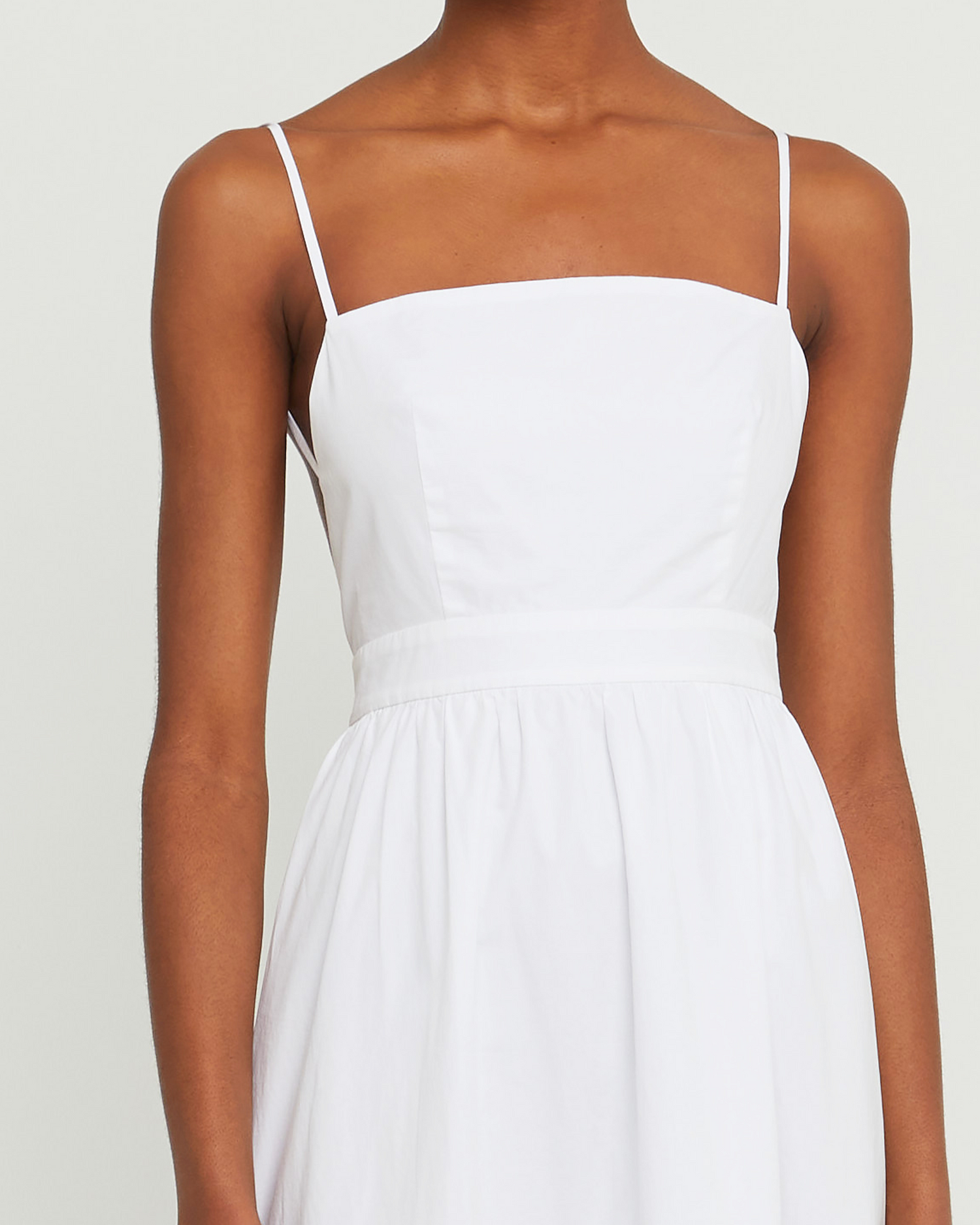 Fifth image of Dionne Cotton Dress, a white midi dress, spaghetti straps, high-low, high low skirt, maxi