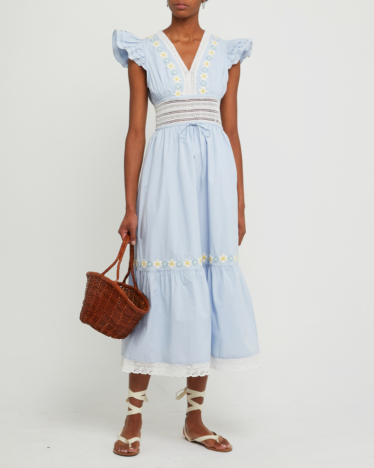 Fourth image of Holly Cotton Dress, a blue midi dress, lace detail, floral embroidered, pocket, sheer, V-neck