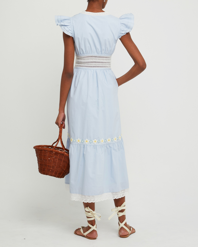 Fifth image of Holly Cotton Dress, a blue midi dress, lace detail, floral embroidered, pocket, sheer, V-neck