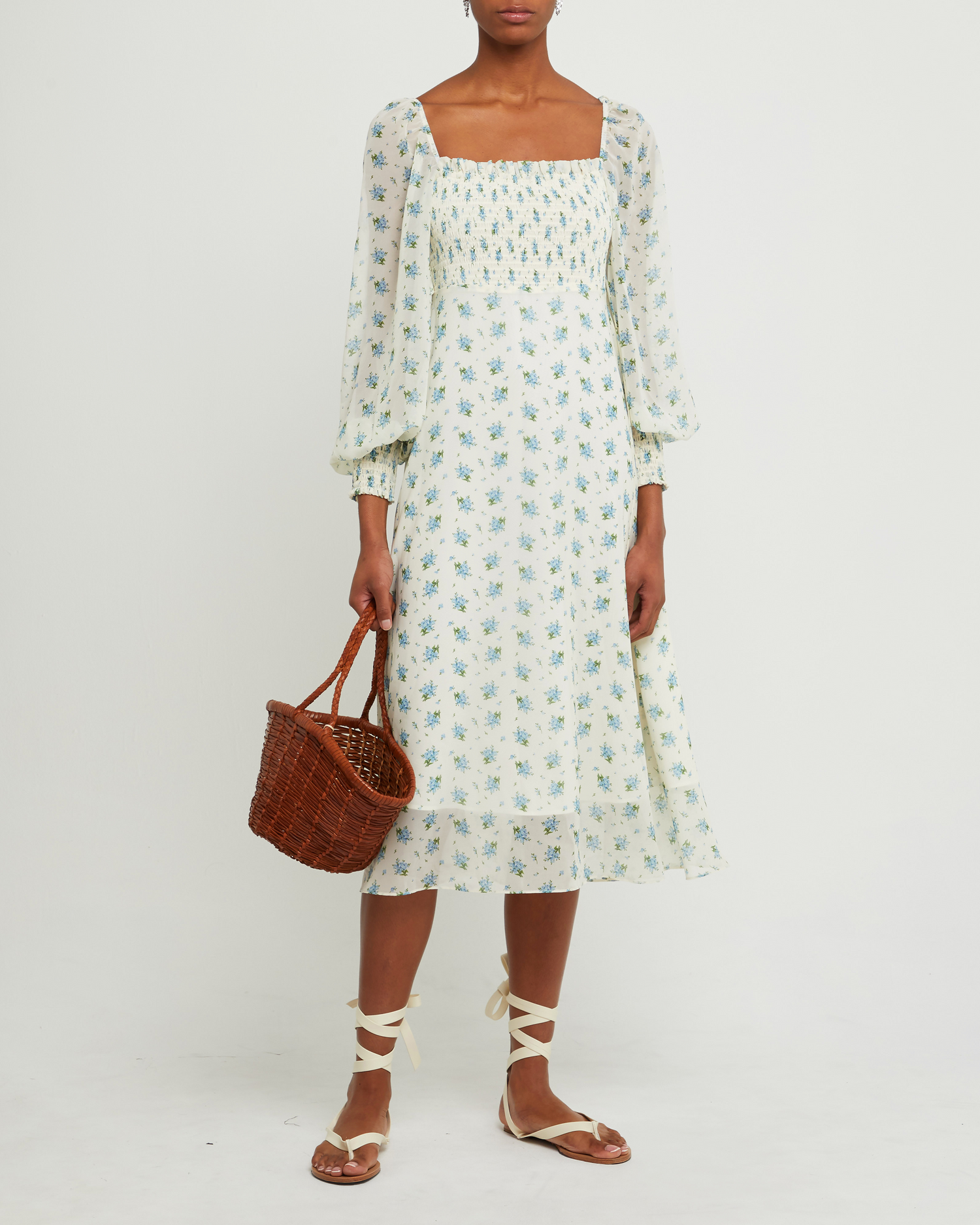 Fourth image of Savannah Dress, a blue midi dress, sheer, chiffon, floral, long sleeves, square neckline