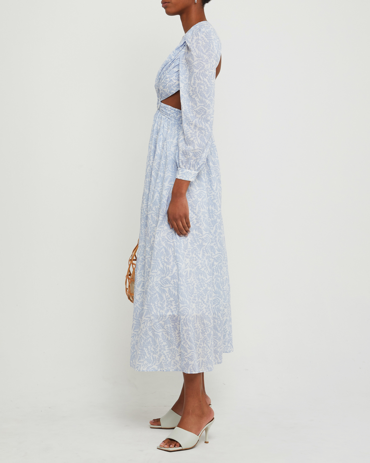 Third image of Kimia Cotton Dress, a blue maxi dress, open back, cut outs, V-neck, plunge, floral, long sleeves, puff sleeve