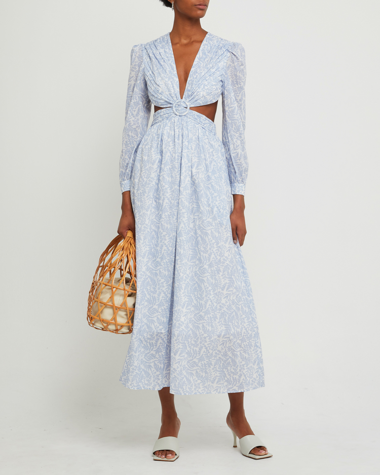 Fourth image of Kimia Cotton Dress, a blue maxi dress, open back, cut outs, V-neck, plunge, floral, long sleeves, puff sleeve