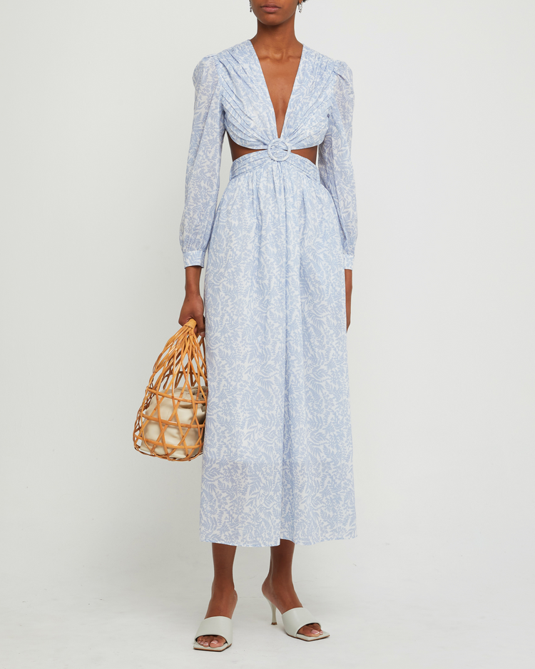 Fifth image of Kimia Cotton Dress, a blue maxi dress, open back, cut outs, V-neck, plunge, floral, long sleeves, puff sleeve