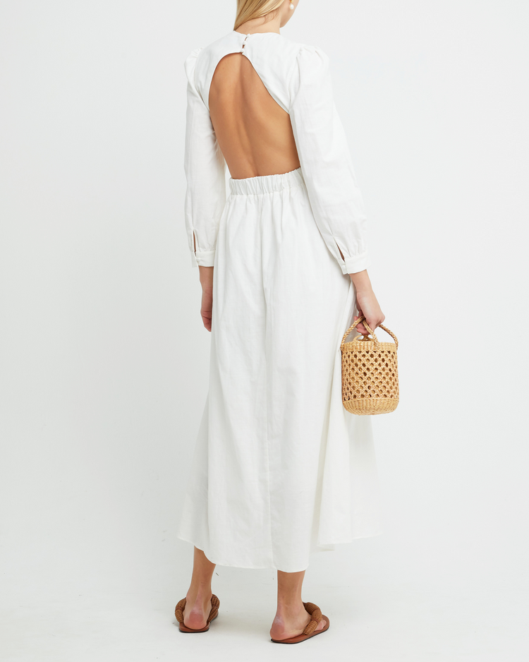Second image of Kimia Dress, a white maxi dress, belt, cut out, open back, long sleeves, V-neck, plunge