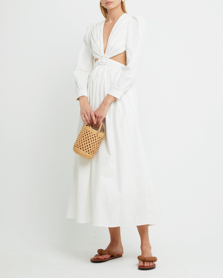 Fourth image of Kimia Dress, a white maxi dress, belt, cut out, open back, long sleeves, V-neck, plunge