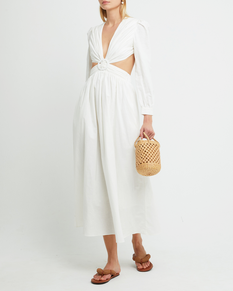 Fifth image of Kimia Dress, a white maxi dress, belt, cut out, open back, long sleeves, V-neck, plunge