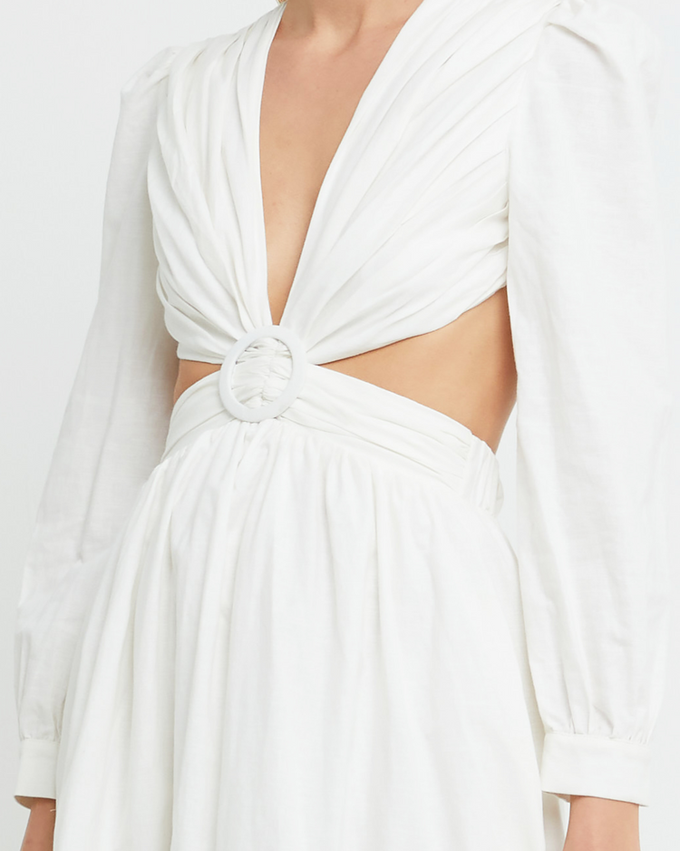 Sixth image of Kimia Dress, a white maxi dress, belt, cut out, open back, long sleeves, V-neck, plunge