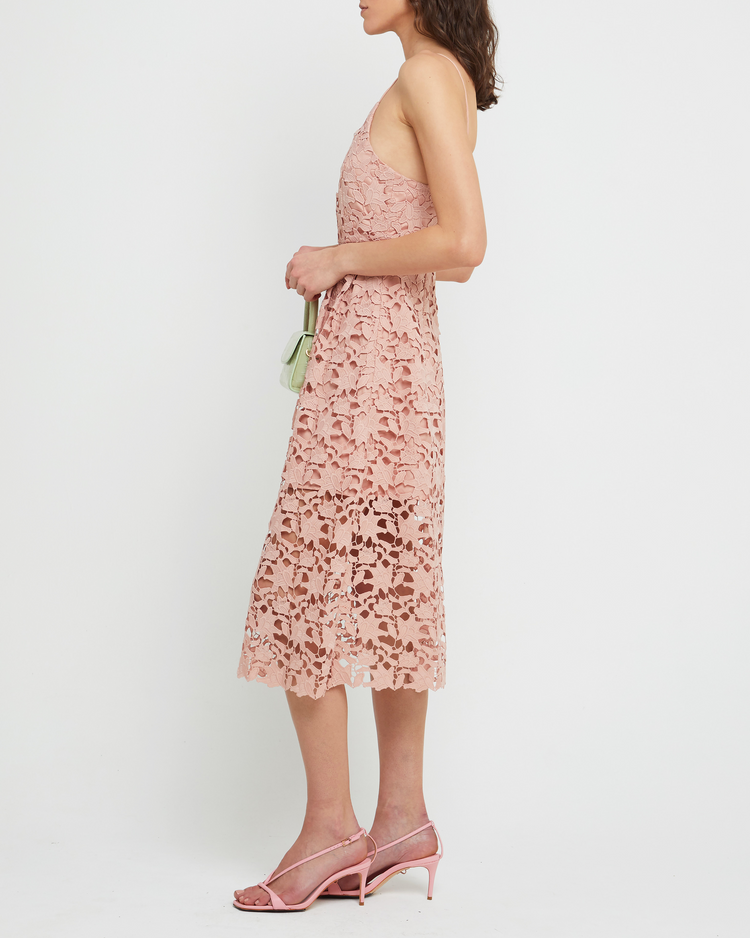 Third image of Arabella Dress, a pink modern lace midi-length bridesmaid dress with deep v-neckline, inner lining, adjustable straps, and a back zipper