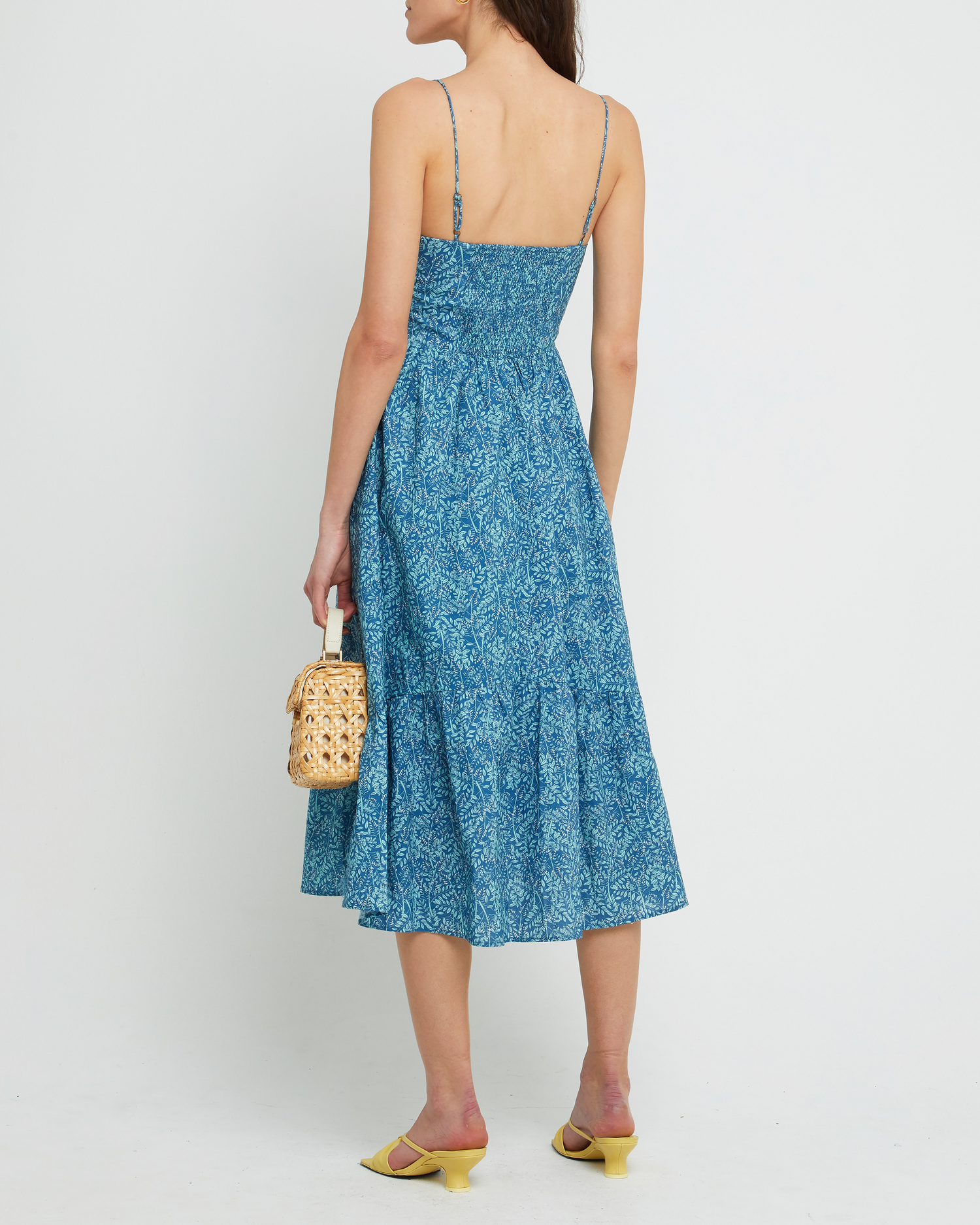 Second image of Momo Dress, a blue midi dress, sweatheart neckline, spaghetti straps, floral