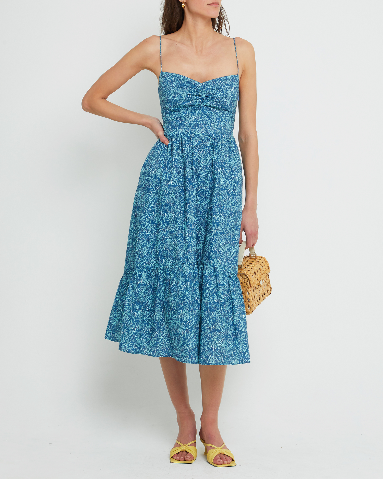 Fourth image of Momo Dress, a blue midi dress, sweatheart neckline, spaghetti straps, floral