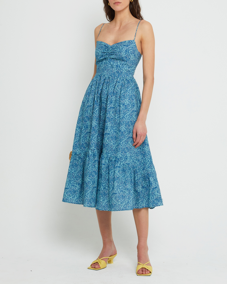Fifth image of Momo Dress, a blue midi dress, sweatheart neckline, spaghetti straps, floral