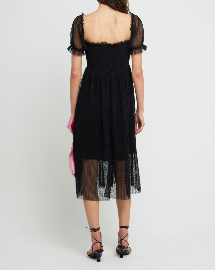 Second image of Odi Dress, a black maxi dress, sheer, ruffle, chiffon, puff sleeves, cap sleeves, lined