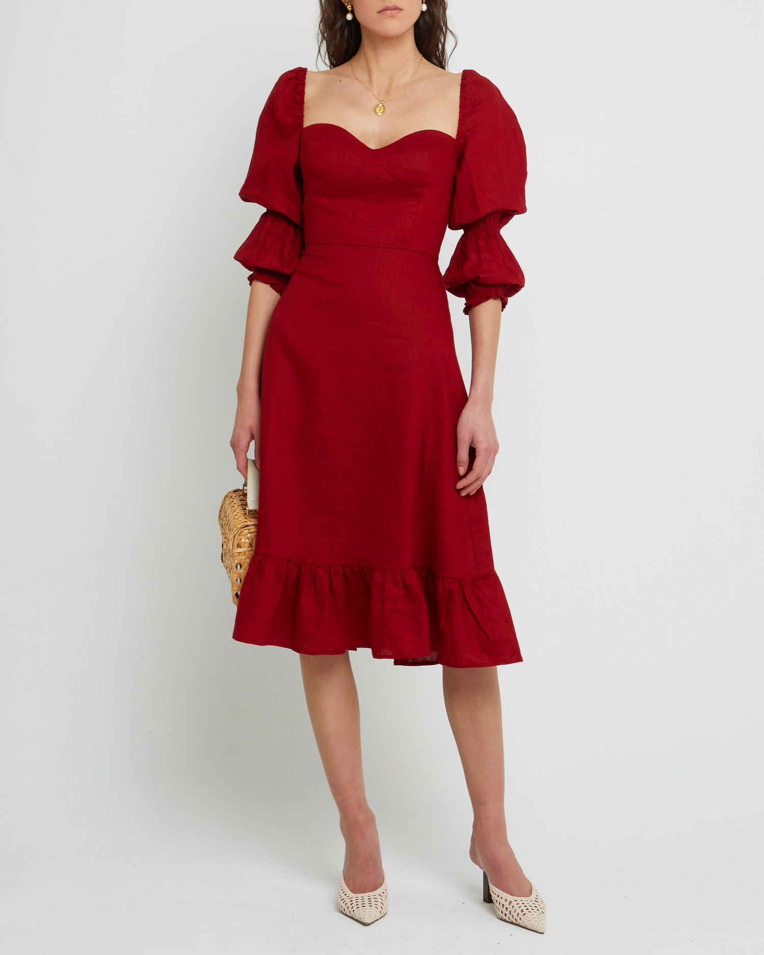 Fourth image of Kourtney Dress, a red midi dress, puff sleeves, romantic, sweetheart neckline, ruffle skirt