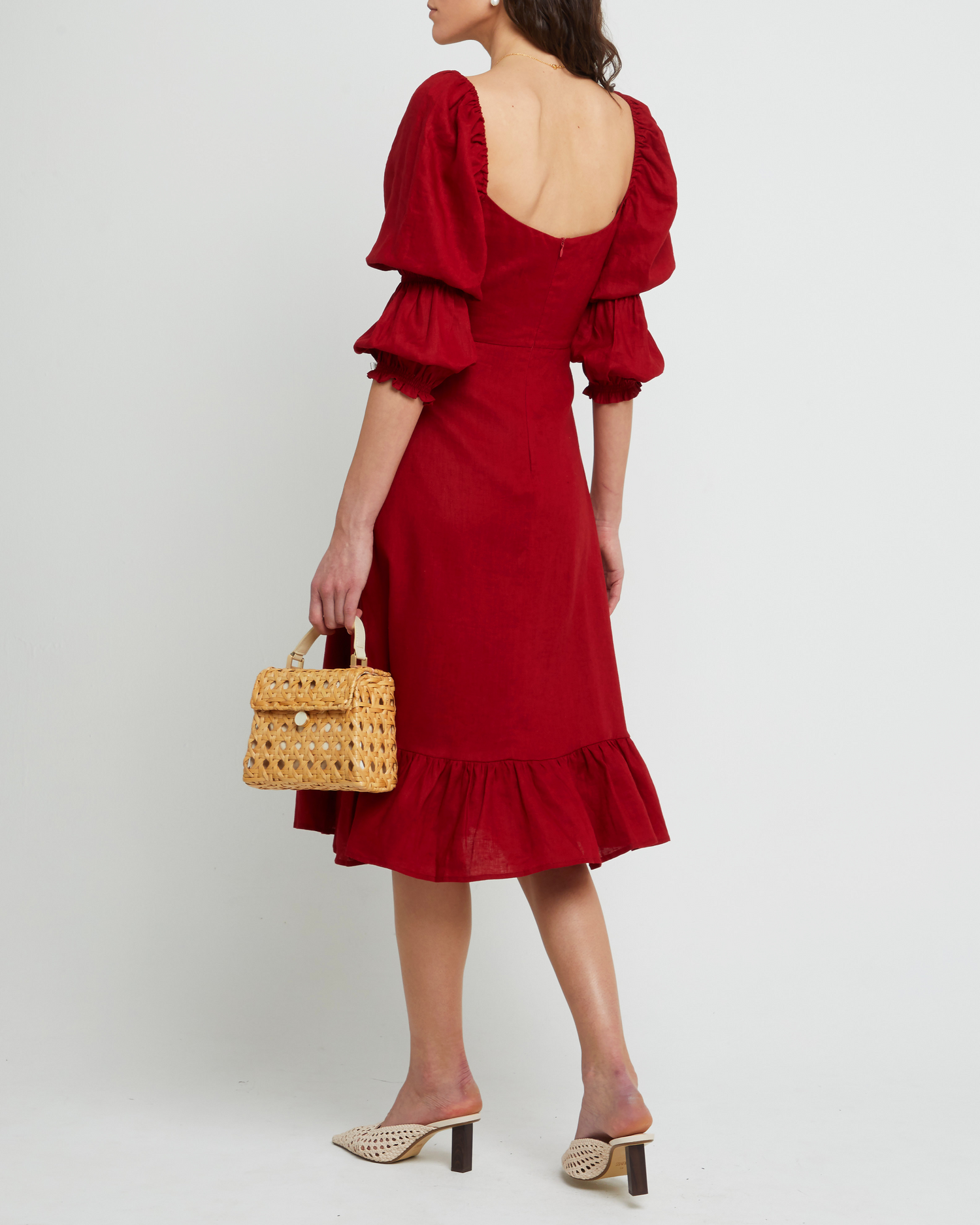 Fifth image of Kourtney Dress, a red midi dress, puff sleeves, romantic, sweetheart neckline, ruffle skirt