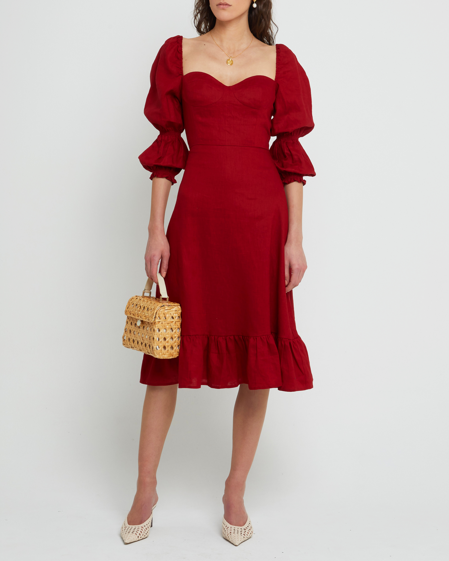 First image of Kourtney Dress, a red midi dress, puff sleeves, romantic, sweetheart neckline, ruffle skirt