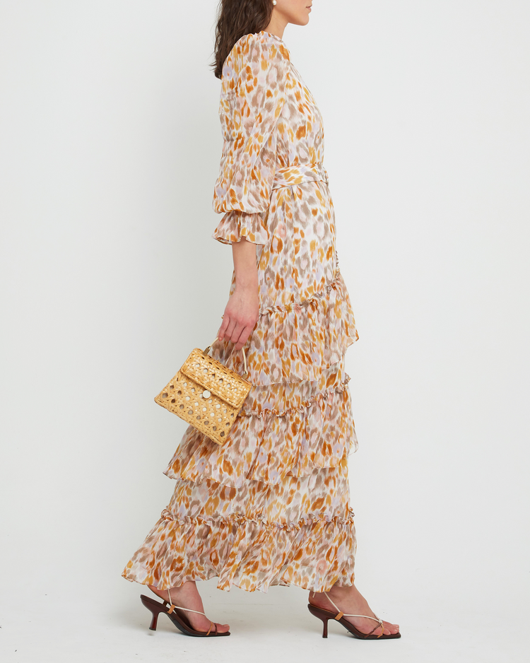 Third image of Killian Dress, a  maxi dress, V-neck, chiffon, ruffle, floral, slit, long sleeve, sheer, lined