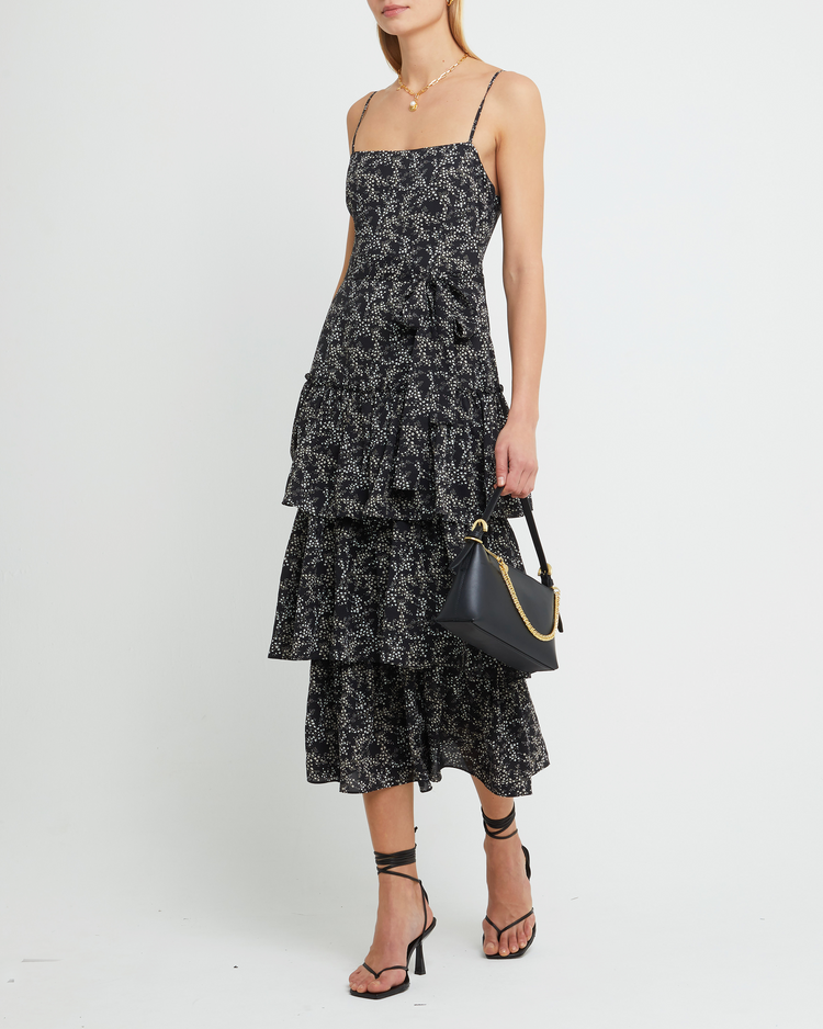 Fourth image of Nadira Dress, a black midi dress, tiered skirt, floral, spaghetti straps, cami