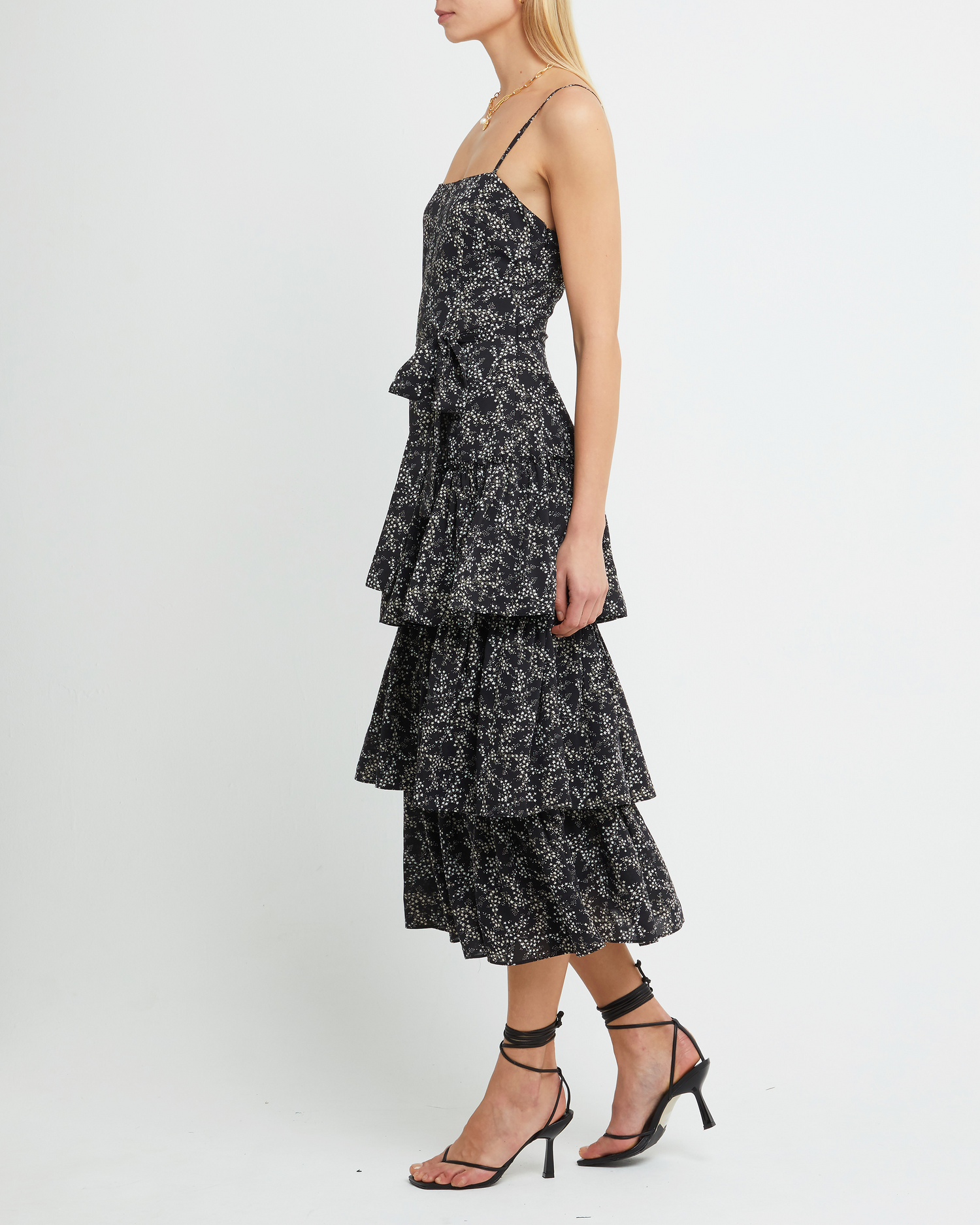 Fifth image of Nadira Dress, a black midi dress, tiered skirt, floral, spaghetti straps, cami