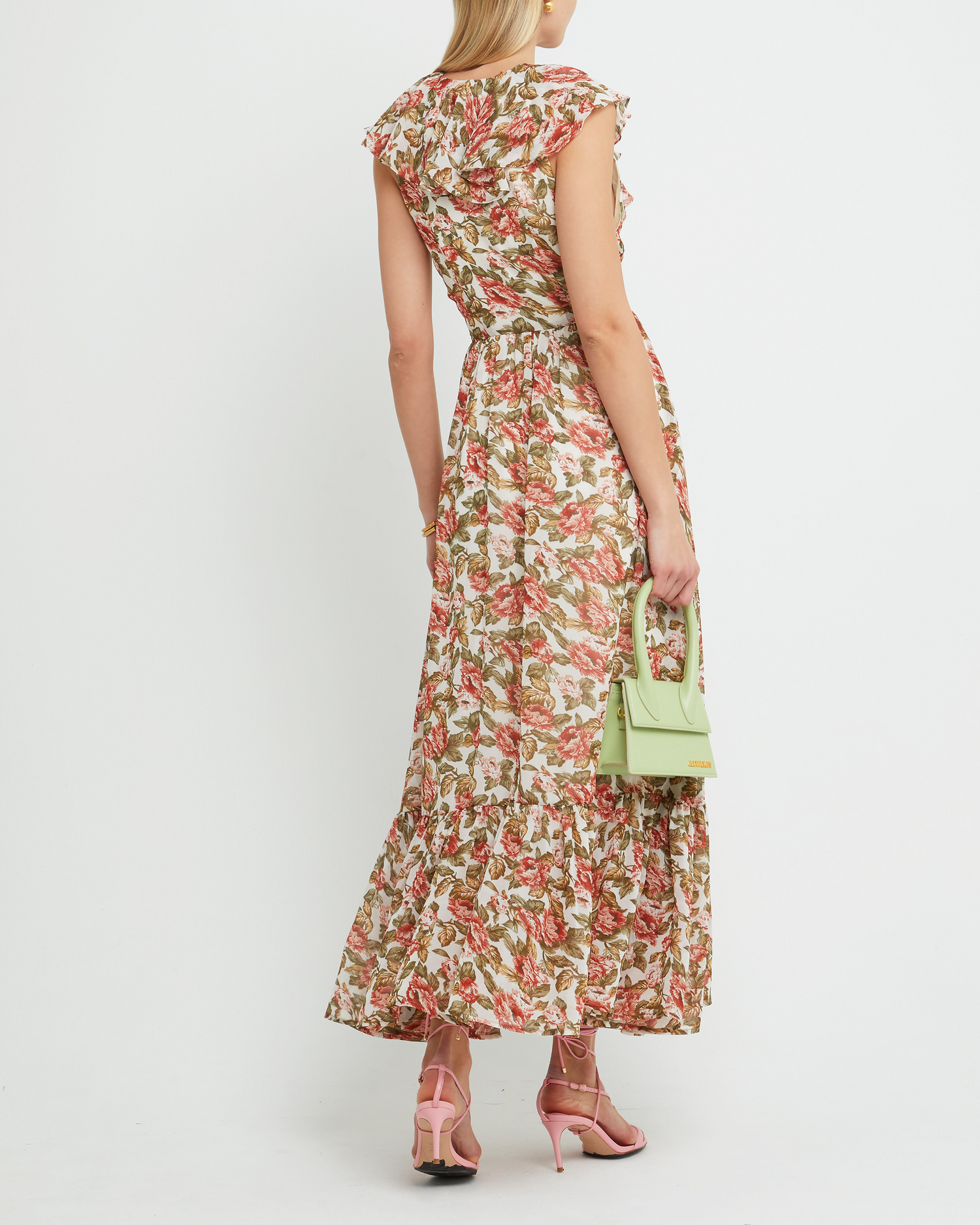 Second image of Shea Maxi Dress, a floral wedding guest dress with high side slit, flutter ruffle sleeves, v-neckline, tiered skirt, cinched waistline, side zipper, and lining