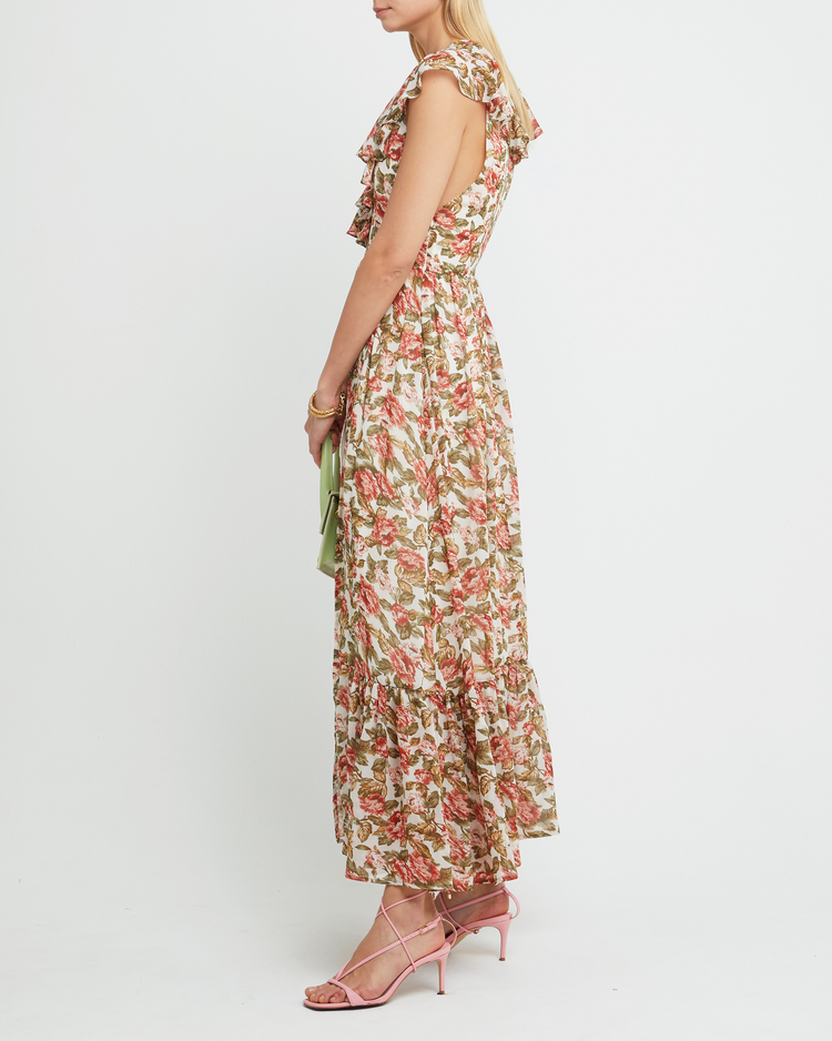 Third image of Shea Maxi Dress, a floral wedding guest dress with high side slit, flutter ruffle sleeves, v-neckline, tiered skirt, cinched waistline, side zipper, and lining