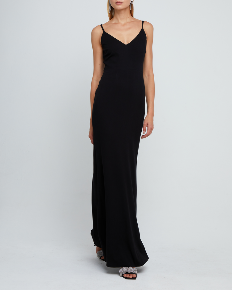 Fourth image of Balsam Dress, a black bridesmaid dress with deep v-neckline, adjustable straps, back zipper, low scoop back, and long skirt