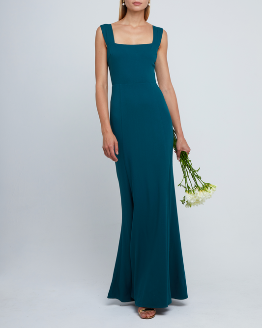 First image of Rya Dress, a green long maxi-length bridesmaid dress with square neckline, back smocked detail, back zipper, thick straps, and lining