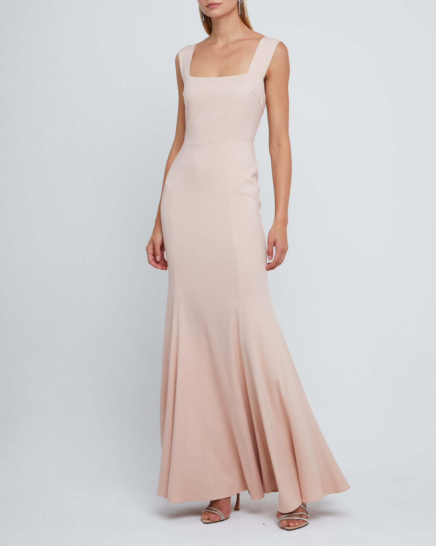 Fourth image of Rya Dress, a pink bridesmaid dress long maxi-length bridesmaid dress with square neckline, back smocked detail, back zipper, thick straps, and lining