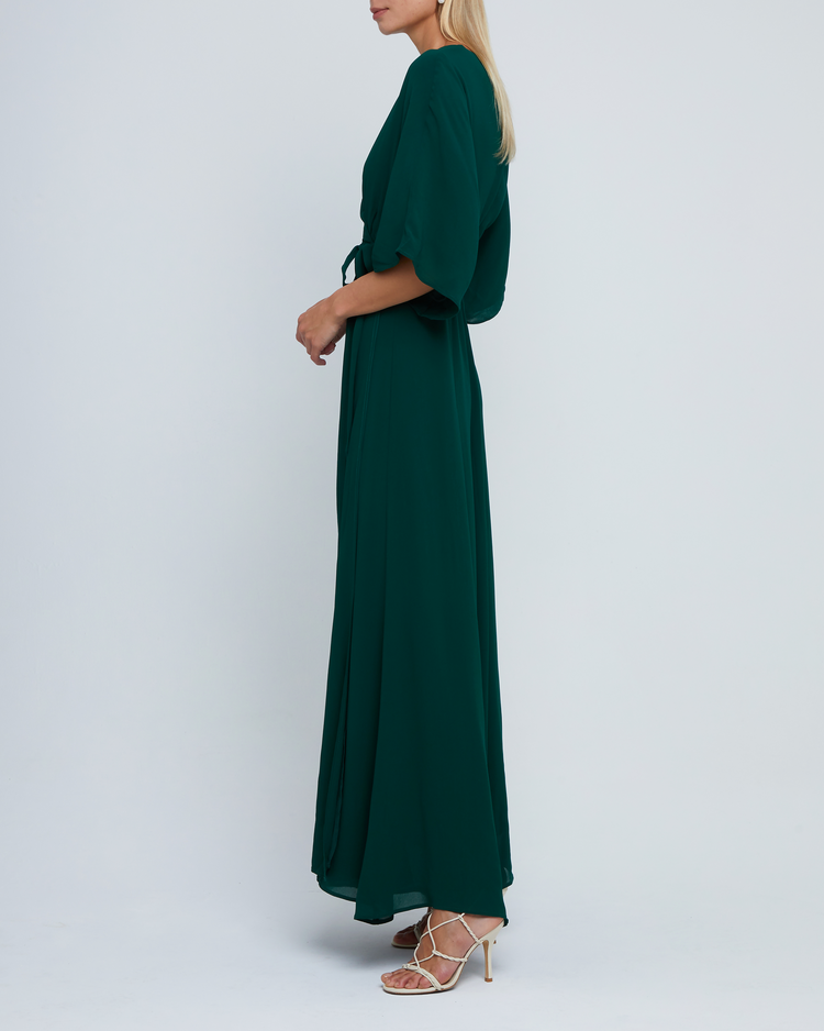 Fifth image of Artie Dress, a green long maxi wrap style bridesmaid dress with flutter sleeves, v-neckline, adjustable waist tie, lining, and dart detail on bodice