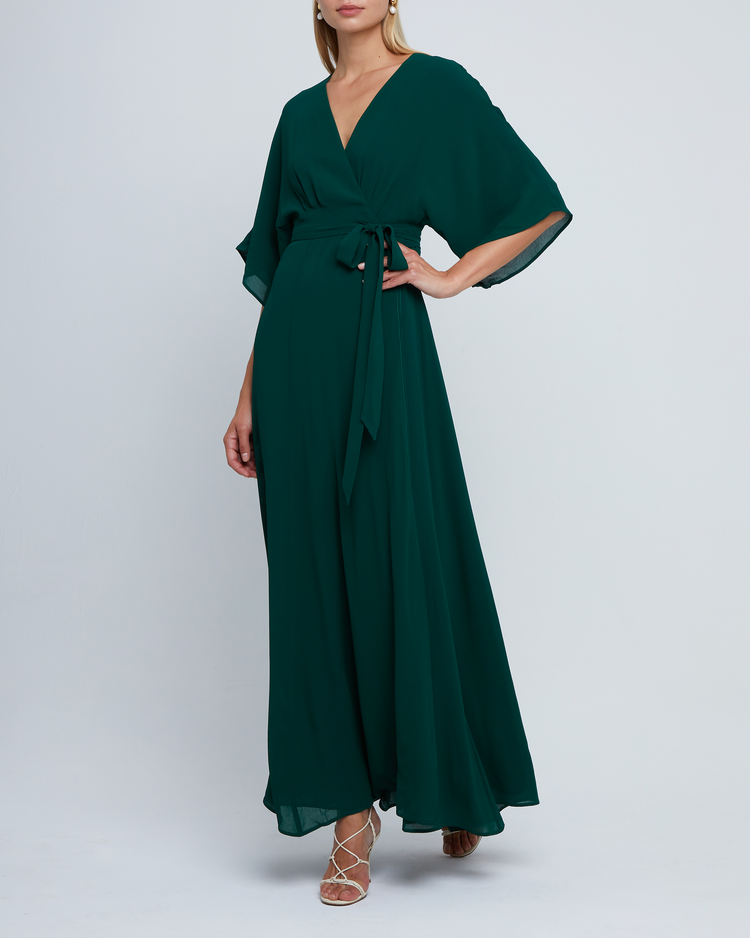 Sixth image of Artie Dress, a green long maxi wrap style bridesmaid dress with flutter sleeves, v-neckline, adjustable waist tie, lining, and dart detail on bodice