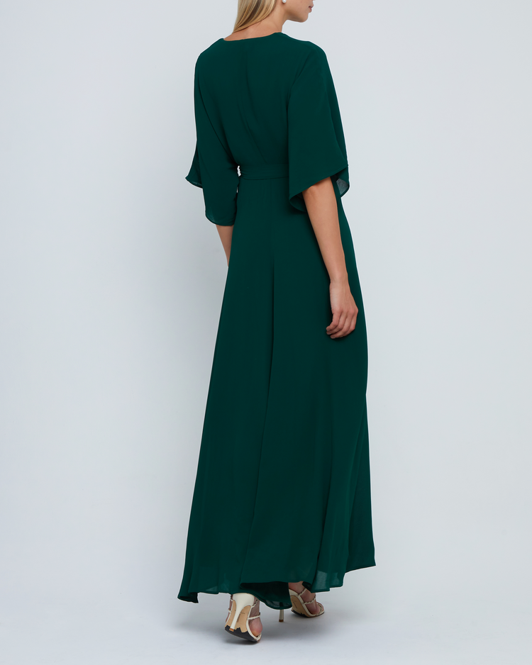 Seventh image of Artie Dress, a green long maxi wrap style bridesmaid dress with flutter sleeves, v-neckline, adjustable waist tie, lining, and dart detail on bodice