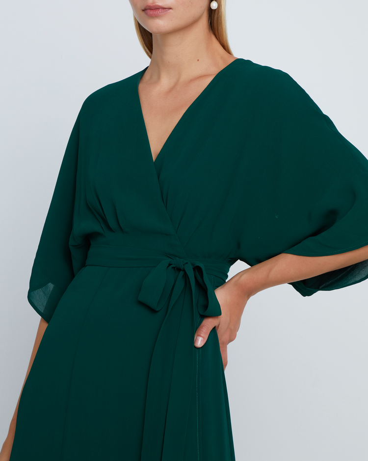 Eighth image of Artie Dress, a green long maxi wrap style bridesmaid dress with flutter sleeves, v-neckline, adjustable waist tie, lining, and dart detail on bodice