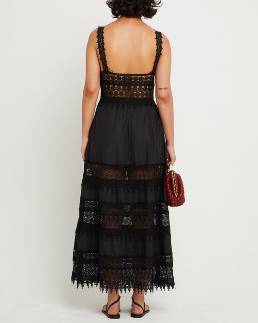 Second image of Cello Dress, a black maxi dress, sheer, lace detail, paneling, cut out, layers, lining, sweetheart neckline
