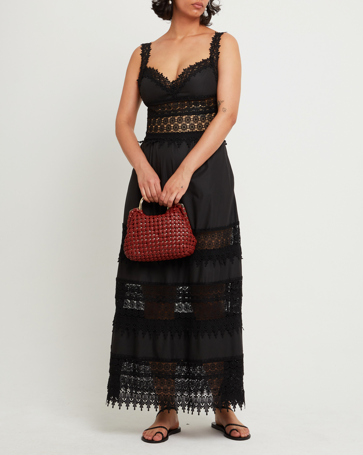 Fourth image of Cello Dress, a black maxi dress, sheer, lace detail, paneling, cut out, layers, lining, sweetheart neckline