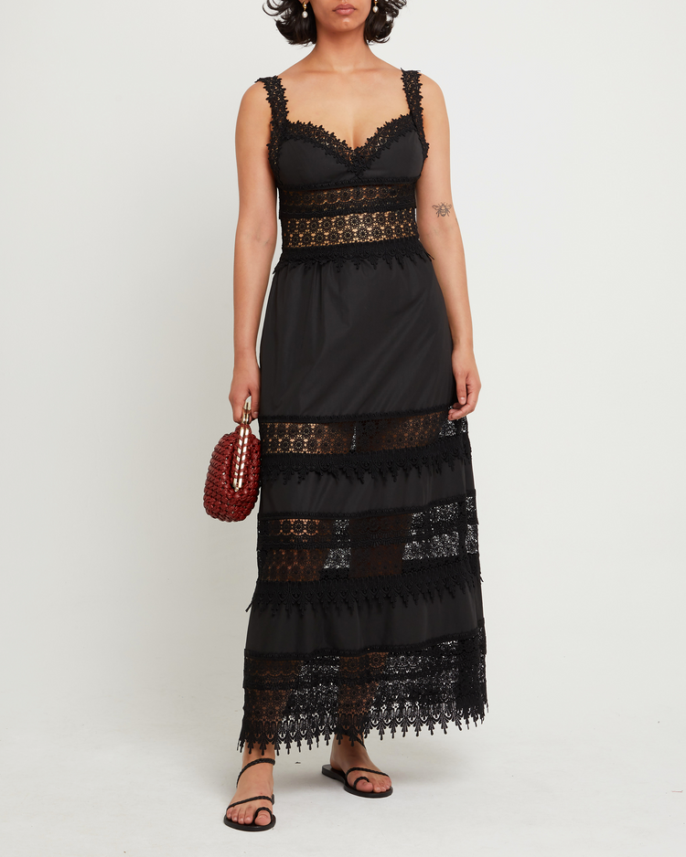 Fifth image of Cello Dress, a black maxi dress, sheer, lace detail, paneling, cut out, layers, lining, sweetheart neckline