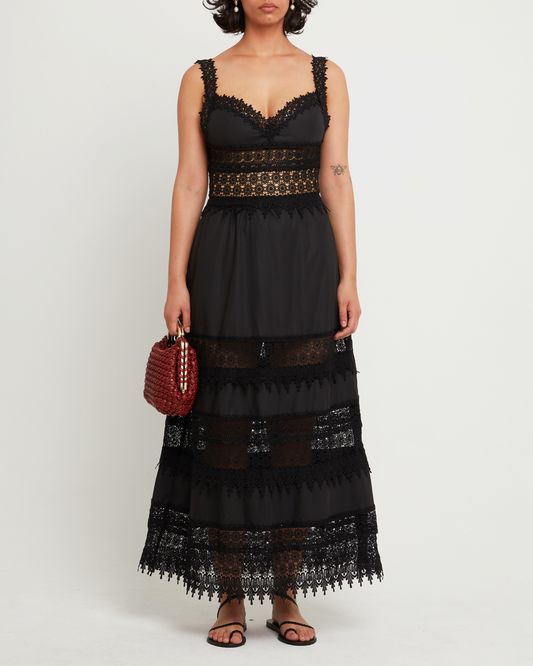 First image of Cello Dress, a black maxi dress, sheer, lace detail, paneling, cut out, layers, lining, sweetheart neckline
