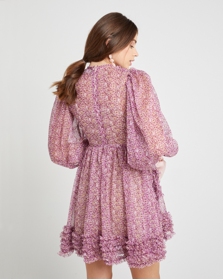 Sixth image of Bessy Dress, a pink mini dress, sheer and floral printed chiffon, ruffled details on bodice and skirt, long, loose puff sleeves