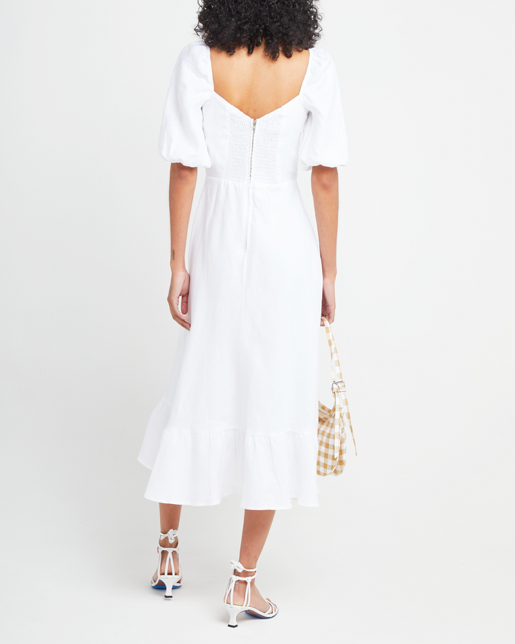 Second image of Violetta Midi Dress, a white midi dress, sweetheart neckline, short sleeves, puff sleeves, side slit